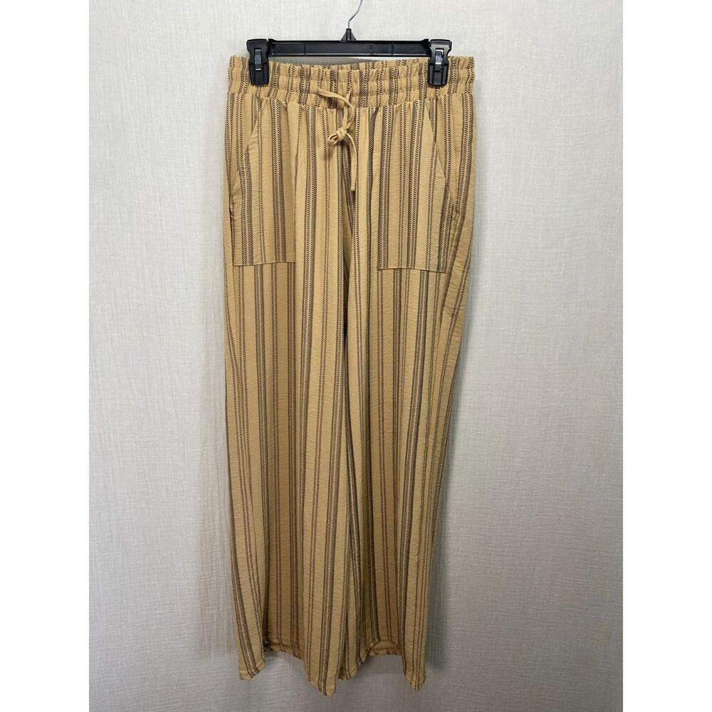 NEW Elizabeth & Nicole Striped Pants Women's Size L Beige Wide Leg Drawstring